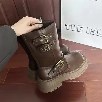 Martin boots women s autumn and winter new thick heel belt buckle round head thick sole retro western cowboy boots locomotive boots 35