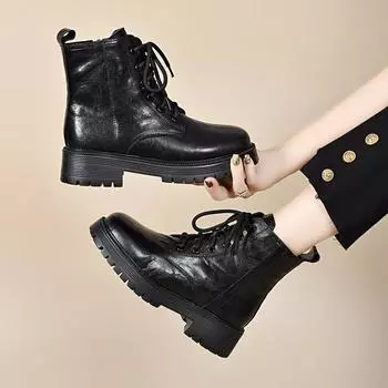 Martin boots women s autumn and winter new lace-up leather boots thick heel casual flat boots basic round head women s boots short boots 34