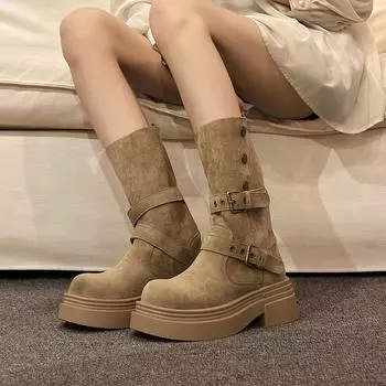 Martin boots women s autumn and winter new 2024 Korean version thick heel short tube rivet belt buckle casual versatile cowboy women s boots 35 хаки