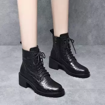 Martin boots women s boots autumn and winter new round head thick heel stone pattern cowhide strap short boots locomotive boots leather boots 35