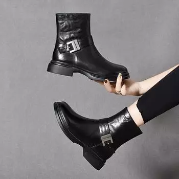 Martin Boots Women s Boots Autumn and Winter Round Head Belt Buckle Medium Boots Cowhide Flat Bottom Leather Boots Women s Cotton Boots 35