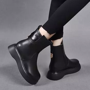 Martin boots women s boots new cowhide wool inner leather boots round head thick-soled medium boots cotton boots 35