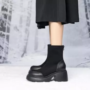 Martin boots women s high-heeled small men s 2025 autumn new platform-soled short boots thick-heeled elastic boots heightened thin boots 34 чёрный