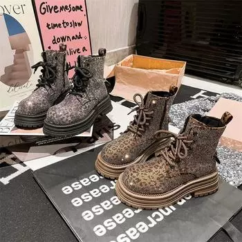 Martin boots women s rhinestone full diamond leopard print lace-up tooling locomotive boots short boots flats versatile fried street knight boots 35