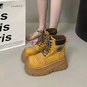 Martin boots women s summer hollow breathable retro short boots thick-soled matte soft leather rhubarb boots outdoor hiking shoes 35