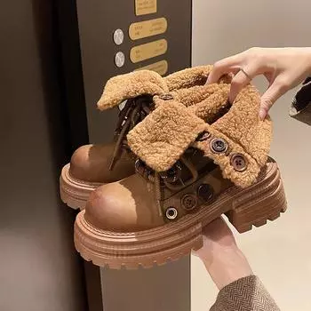 Martin boots women s super fire button straps lamb wool shoes lapel two wear snow cotton boots locomotive short boots 35 тёмно-рыжий