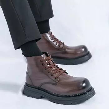 Martin shoes men s retro British style fried street casual leather shoes trendy thick sole high top big head men s shoes large size leather boots 38 чёрный