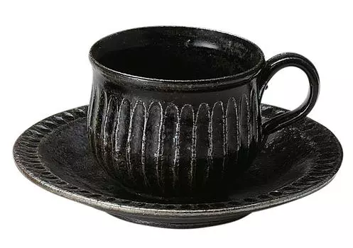 Marui Seito Shigaraki Ware Hechimon Coffee Cup Saucer Set Approx. 260ml Black Glaze Carving MR-3-3291