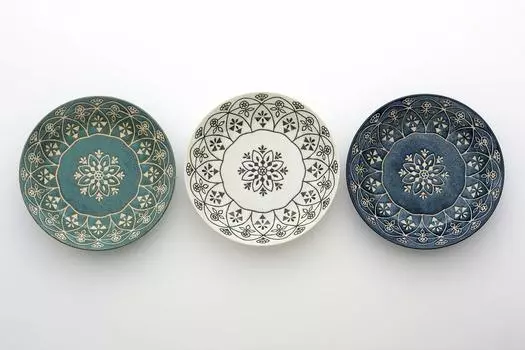 Marusankondo Porcelain Medium Dark Diameter x Height Moroccan Curry Pasta Plate Color Plate, Green/White/Indigo Color, Approx. 20.5 4.2cm, & (3 Set)