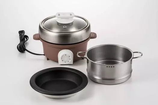 Maruyama Giken Petit Plaisir Electric Mini Grill Pot with Grill Plate and Steamer for Pot Grilled Steam For 1 For 2 Made in Cacao Electric Grill Pan