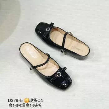 Mary Jane bag head half slippers women s new spring and summer outer wear flat bottom inner height increase lazy Muller bag head slippers 35 чёрный