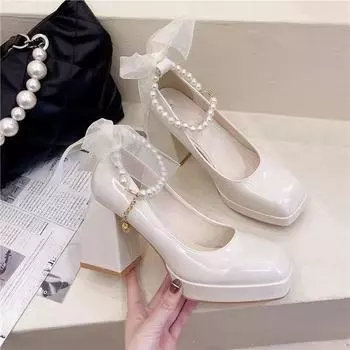 Туфли Мэри Джейн с бантом Margarite Princess на толстом каблуке 2024 года, новые модные повседневные простые универсальные однотонные туфли на высоком каблуке, осеннее время 35 чёрный