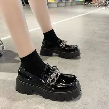 Mary Jane Shoes Japanese School Uniform Jk Student Shoes Girls Women Kawaii Lolita Soft Sister ChainToe Platform Low Heel Shoes 35 чёрный