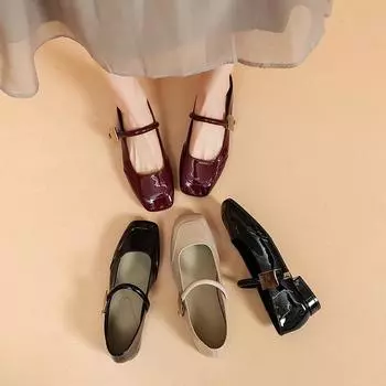 Туфли Мэри Джейн Женские Ретро Британский Стиль Хепберн Черный Высокий Каблук Одно Слово Пряжка Толстый Каблук Квадратный Голова Одинарный 35 бежевый
