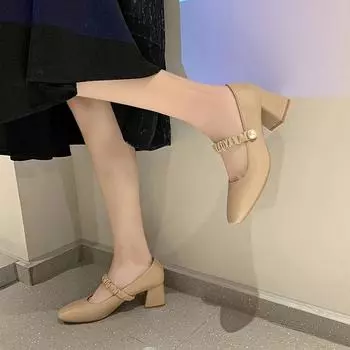 Mary Jane Shoes Women s 2024 New Spring Autumn Winter Shoes Thick Heel High Heels Square Head Fairy Style Korean Versatile Flats 35 бежевый