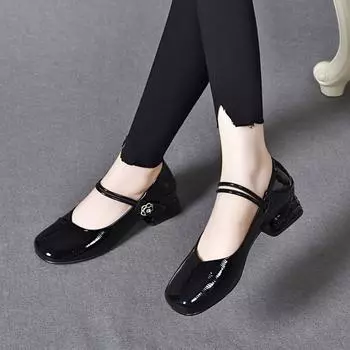Mary Jane shoes women s autumn cowhide round head shallow mouth flower single shoes middle heel buckle two wear 34