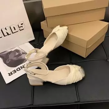 Mary Jane shoes women s bag head sandals 2024 new summer thick heel high heels pleated small fragrant style with skirt single shoes 35 бежевый