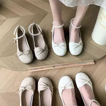 Mary Jane shoes women s shoes 2025 spring new pearl bow flats shallow mouth fairy style with skirt single shoes 35