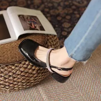 Mary Jane Shoes Womens Sandals Round Toe Patent Leather Cover Toe Rhinestone Buckle Back Strap Thick Heeled Retro Sandalias 34 чёрный