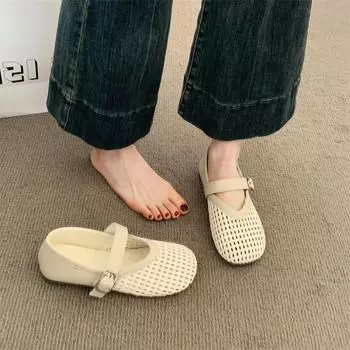 Mary Jane single shoes children s new summer hollow mesh woven fishing net shoe size bag head sandals 35 бежевый