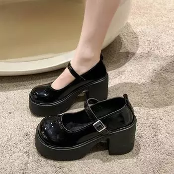 Mary Jane small leather shoes spring and autumn new retro thick heel black single shoes princess buckle high heels 35