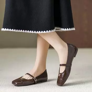 Mary Jane small leather shoes women s spring and autumn flat bottom 2025 new shoes French low-heeled small single shoes soft sole W109-1 35 чёрный