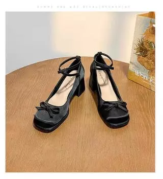Mary Jane women s shoes light mouth shoes bow thick heel single shoes satin high heels 35