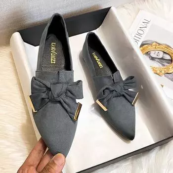 Mary Jane Women s Single Shoes Spring and Autumn New Shallow Mouth Pointed Bow Flat Shoes Casual Large Women s Shoes 41-43 34 серый