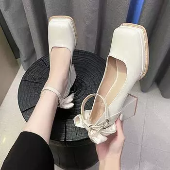 Мэри Джейн Женские Туфли Квадратный Носок Неглубокие С Пряжкой Женские Элегантные Модные Туфли на Высоком Каблуке Женские Вечерние Туфли-Лодочки на Платформе 35