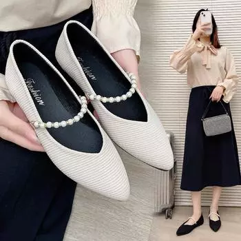 Mary Janes Ladies Flats Fashion String Bead Women Shoes Casual Shallow Slip-on Flat Shoe Pointed Toe Party Wedding Loafers 2024 35 бежевый