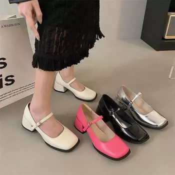Mary Janes Vintage Sandals Woman 2024 New Buckle Non-Slip Casual Medium Heels Office Ladies Solid Elegant Heels Pumps Zapatos 35