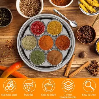 Masala Dabba Spice Box Stainless Steel Spice Containers Masala Dabba with 7 Compartments Indian Spice Box with Transparent Lid