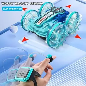 Машинка-амфибия с дистанционным управлением 2,4 ГГц, светодиодной подсветкой, датчиком жестов, электрическая, радиоуправляемая, трюковая, гусеничная, водонепроницаемая, вездеходная, для малышей, мальчиков и девочек синий