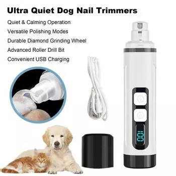 Машинка для стрижки когтей для собак со светодиодной подсветкой, 2 скорости, USB-зарядка, тихий триммер для когтей домашних животных серый