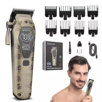 Машинка для стрижки волос с лезвиями из порошковой металлургии. Аккумуляторная машинка для стрижки волос с большим ЖК-дисплеем и регулируемым лезвием. бронзовый