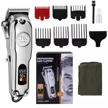 Машинка для стрижки волос с LСD-дисплеем профессиональная, 6 насадок US Plug серебряный