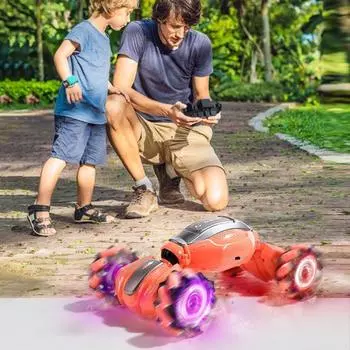Машинка с дистанционным управлением, трюковая машинка с дистанционным управлением, игрушечная машинка с датчиком жестов и светомузыкой, двухсторонняя вращающаяся машинка для дрифта, игрушечный внедорожник синий