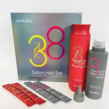 MASIL 38 SALON HAIR SET, Восстанавливающий шампунь + Маска для эффекта салонной укладки, Шелковистый блеск, KBeauty, Корейская косметика, образец
