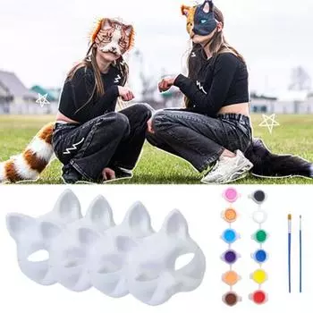Маска для кошки своими руками, белая бумажная маска для кошки с сеткой для глаз, искусственный мех, незаконченная маска для кошки для детей и взрослых, роспись своими руками