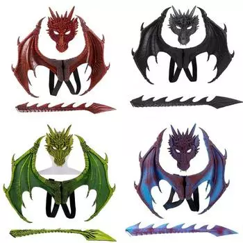 Маска дракона с крыльями и хвостом, детский костюм, детский косплей, свадебная вечеринка, Хэллоуин, Рождественский костюм, украшение с крылом зелёный