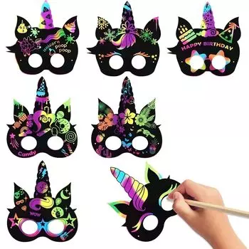 Маска единорога Scratch Art, набор из 24 предметов, 6 видов, симпатичная бумага для скретч-бумаги, забавная радужная маска для скретч-маски, сделай сам, раскраска для вечеринки на Хэллоуин