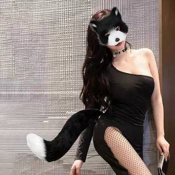 Маска и хвост кошки-териана, костюм животного для вечеринки на Хэллоуин Black White