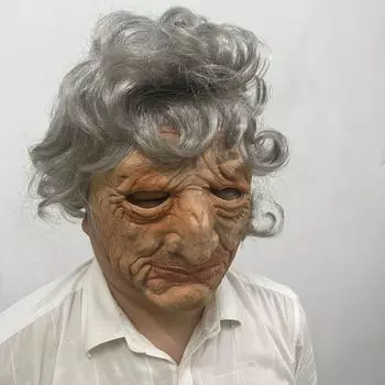 Маска из латекса бабушки с грязным лицом и кудрявыми волосами One Size бежевый