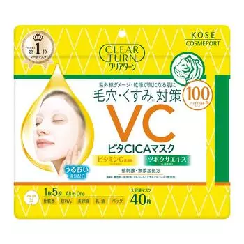 Маска KOSE Clear Turn Vita CICA большой емкости, 40 штук, маска для лица, средство от тусклости пор