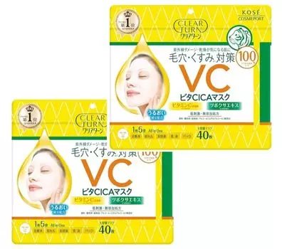 Маска KOSE Clear Turn Vita CICA, большая емкость, 40 штук x 2 пакета, маска для лица, средство от тусклости пор, витамин С, упаковка [оптовая закупка]