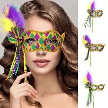 Маска Марди Гра для женщин, блестящая маска со съемной кисточкой и перьями, венецианская маска с ручной палочкой или ремешком