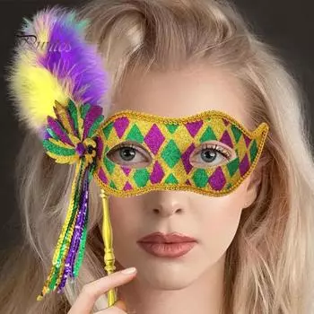 Маска Марди Гра для женщин, блестящая маска со съемной кисточкой и перьями, венецианская маска с ручной палочкой или ремешком для маскарадной вечеринки E