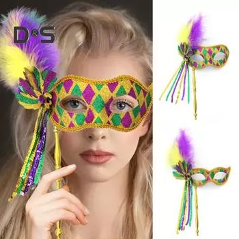 Маска Марди Гра для женщин, блестящая маска со съемной кисточкой и перьями, венецианская маска с ручной палочкой или ремешком для маскарадной вечеринки G