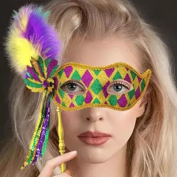 Маска Марди Гра для женщин, блестящая маска со съемной кисточкой и перьями, венецианская маска с ручной палочкой или ремешком для маскарадной вечеринки