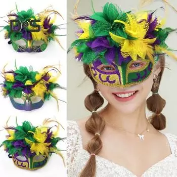 Маска Марди Гра, полумаска с перьями, блестящая маска с искусственными цветами для карнавалов, маскарадов, костюмов, праздничных принадлежностей C